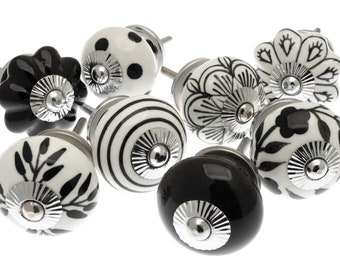 Ceramic Door Knobs Hand Painted in Black and White Door Pulls for Cupboards and Chest of Drawers Set of 8