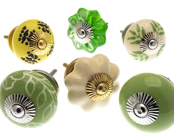 Keramische bloemdeurknoppen: crème, groen, limoengroen - set van 6 inch