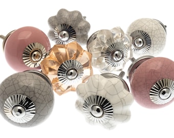 Ceramic and Glass Door Knobs In Pastel Shades of Arctic Grey, Pink and Clear Glass - Set of 8 Cupboard Knobs