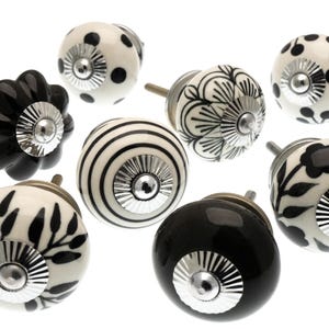 Cupboard Knobs Hand Painted Vintage Ceramic Drawer Pull Door Kitchen Handle - Black, White, Patterns, Dots, Spots and Stripes - Set of 8