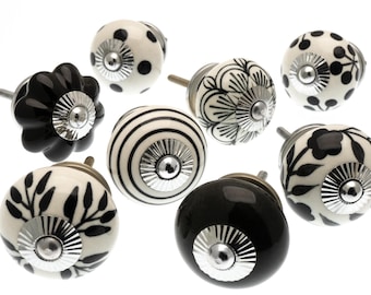Cupboard Knobs Hand Painted Vintage Ceramic Drawer Pull Door Kitchen Handle - Black, White, Patterns, Dots, Spots and Stripes - Set of 8
