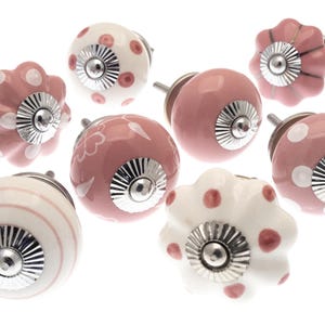 Boutons de tiroir en céramique rose - Pois, fleurs, rayures - Poignées de commode, Quincaillerie pour armoire