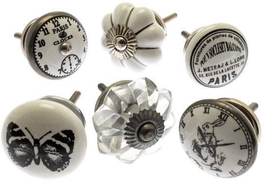 Ceramic Door Knobs Of Vintage Style Clocks And Black And White Etsy