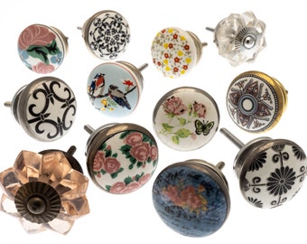 Door Knobs in Cearmic and Glass with Antique Bronze Fittings and Hand Painted Ceramic Cupboard Pulls - Set of 12