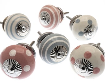 Ceramic Cabinet Knobs - Polka Dot & Striped Dresser Drawer Pulls - Pink, Blue, Grey
