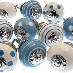 Ceramic Cabinet Knobs - Blue & White Polka Dot or Striped Dresser Pulls - Furniture Hardware image 2