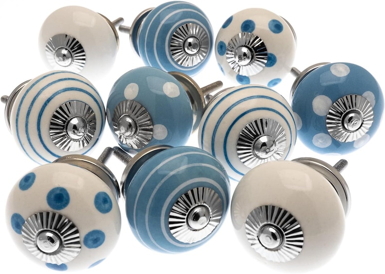 Ceramic Cabinet Knobs - Blue & White Polka Dot or Striped Dresser Pulls - Furniture Hardware image 2