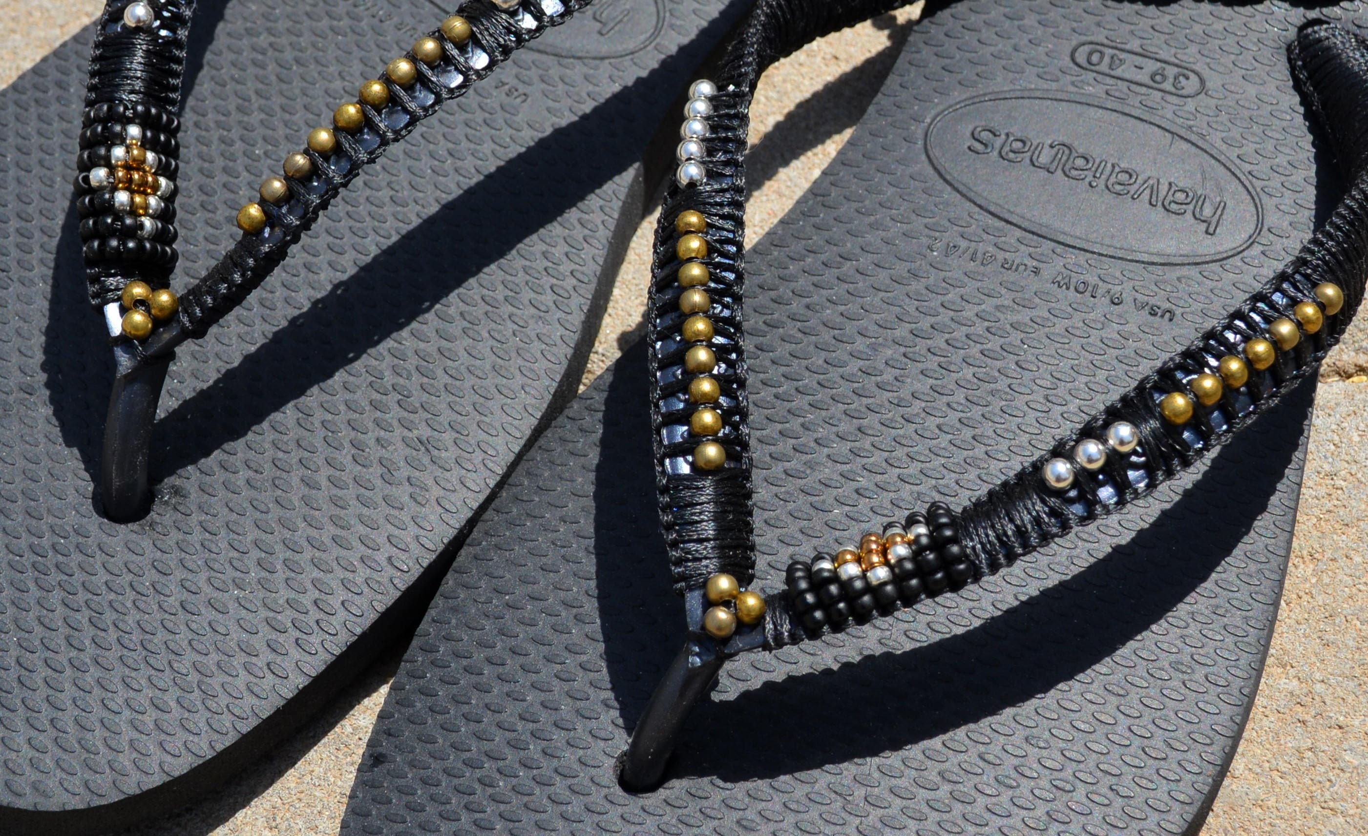 black beaded flip flops