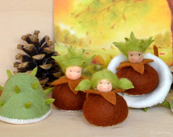 Flower child chestnut handmade out of wool felt and wool. Waldorf inspired for on the nature table.