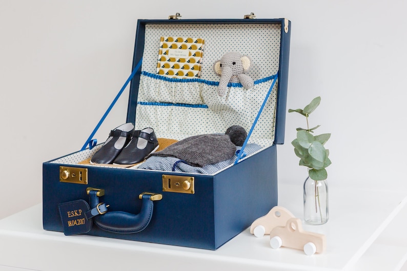 Large Leather Navy Memory box, Vintage trunk, Baby memory box, Vintage suitcase, Blue Nursery decor, Baby boy gift image 5