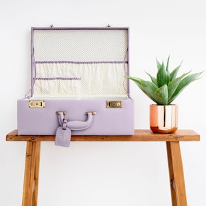 Large Leather Memory Box, Personalised Keepsake Suitcase in Lavender, Baby Suitcase, Lavender Vintage Suitcase