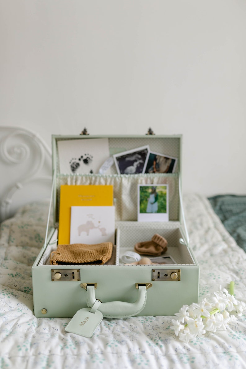 Large Keepsake Suitcase in Sage green, Personalised Memory Case, Baby Storage Case, Keepsake Box, Vintage Suitcase In Green, New Baby image 3