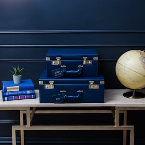 leather navy memory box | vintage trunk | baby memory box | vintage suitcase | blue nursery decor | baby boy gift | large keepsake case