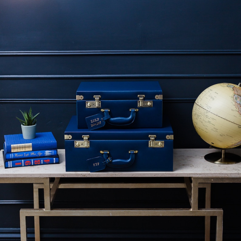 Large Leather Navy Memory box, Vintage trunk, Baby memory box, Vintage suitcase, Blue Nursery decor, Baby boy gift image 2