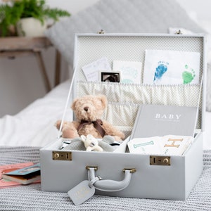 Large Personalised Baby Keepsake Box in Grey | Personalised Memory Box| Grey Nursery Decor| Vintage Suitcase | Baby Trunk | Wedding trunk |