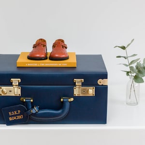 Large Leather Navy Memory box, Vintage trunk, Baby memory box, Vintage suitcase, Blue Nursery decor, Baby boy gift image 4