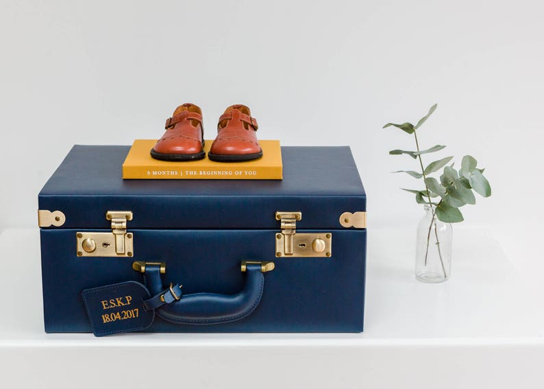Large Leather Navy Memory box, Vintage trunk, Baby memory box, Vintage suitcase, Blue Nursery decor, Baby boy gift image 4