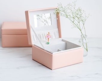 Musical Ballerina leather Jewellery Box in Blush Pink, Personalised Christening gift