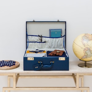 Large Leather Navy Memory box, Vintage trunk, Baby memory box, Vintage suitcase, Blue Nursery decor, Baby boy gift image 1
