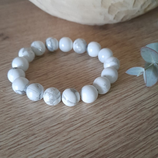 Bracelet perles en pierre naturelle semi-précieuse howlite blanche 10 mm
