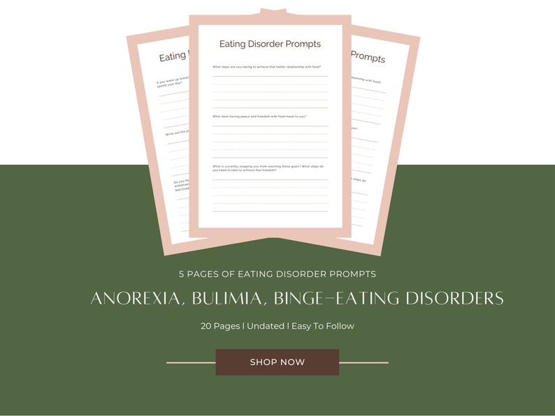 Eating disorder, Therapy, Journal, Anorexia, Bulimia, Triggers, anxiety, Depression, Binge Eating, Prompts, PDF, Printable, Digital Journal, Diet, Body Image, Food, recovery, Self-Help, Mental Health, CBT, Workbook, Worksheets, Planner, Mood, Stress