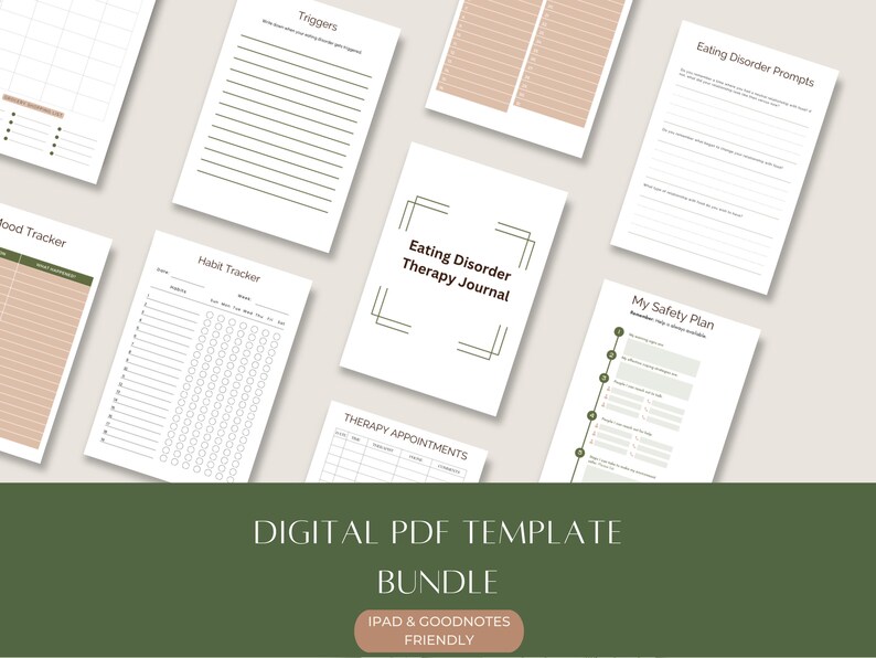 Eating disorder, Therapy, Journal, Anorexia, Bulimia, Triggers, anxiety, Depression, Binge Eating, Prompts, PDF, Printable, Digital Journal, Diet, Body Image, Food, recovery, Self-Help, Mental Health, CBT, Workbook, Worksheets, Planner, Mood, Stress