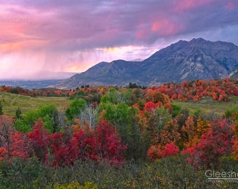 Mt Timpanogos Autumn Sunset Photo,  Utah Valley Fall Foliage Print, Provo Canyon, Cascade Meadows, Pink Sky, Landscape Photography