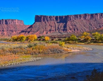 Colorado River Photo Print, Moab Utah, Fall Colors, Red Rock Mesa