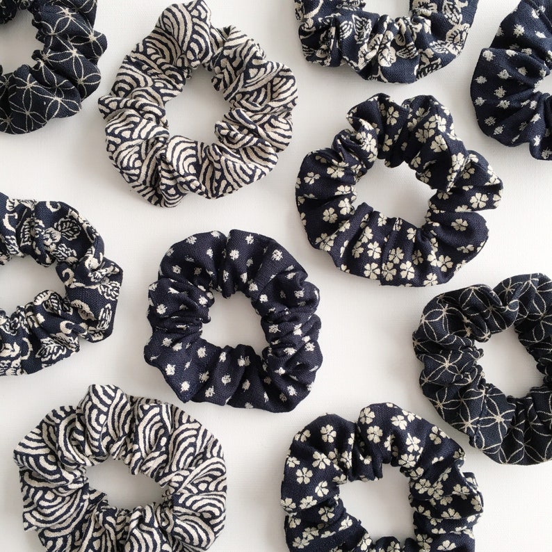 Hair Accessory Splodge Design on textured 100 /% Cotton Bracelet Sashiko Indigo Japanese Fabric Scrunchie