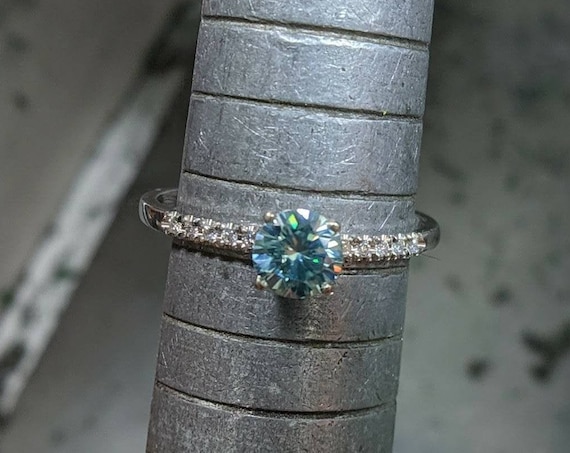 Blue Moissanite Round Brilliant Pave Gold Ring
