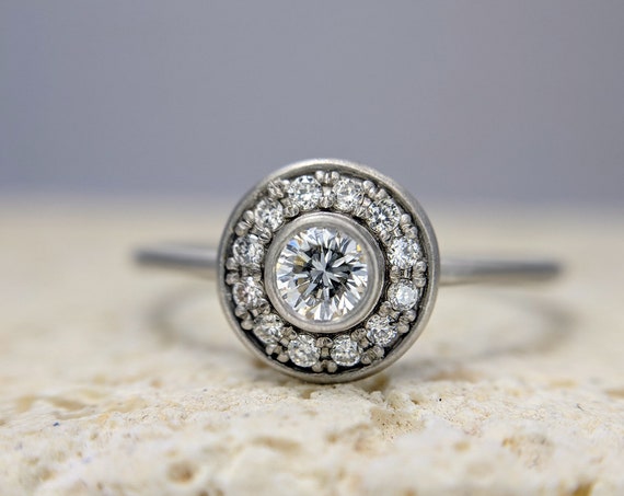 Round Diamond Engagement Ring Halo Pave Ring Simple Minimalist Dainty Thin Delicate Bridal Gold Ring Jewelry