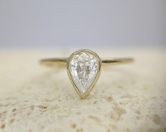 Pear Shape Diamond Engagement Ring Rose Gold Fine Delicate Low Profile Bezel Set Bridal Designer Ring