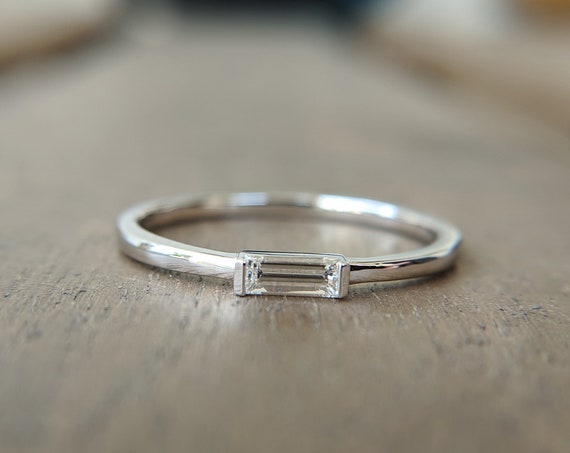 Dainty Baguette Diamond Engagement Ring Thin Simple Delicate Minimalist Gold Ring
