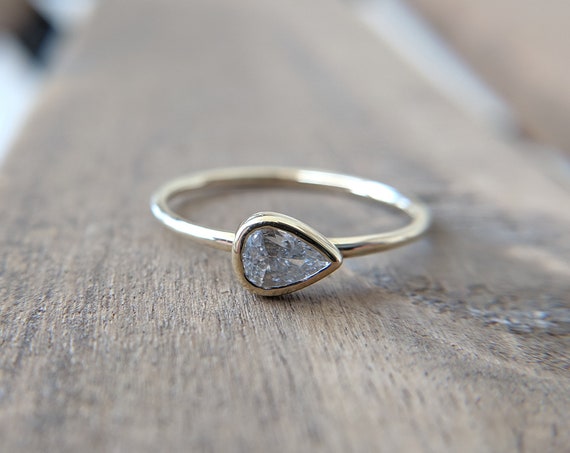 Sideways Pear Natural Diamond Engagement Ring Pear Shaped Rose Gold Pear Cut Solitaire Thin Dainty Bridal Stacking Ring