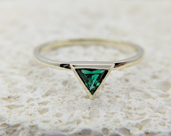 Green Emerald Triangle Ring | Yellow Gold Trillion Ring | Green Emerald Gemstone Ring | Gift for women