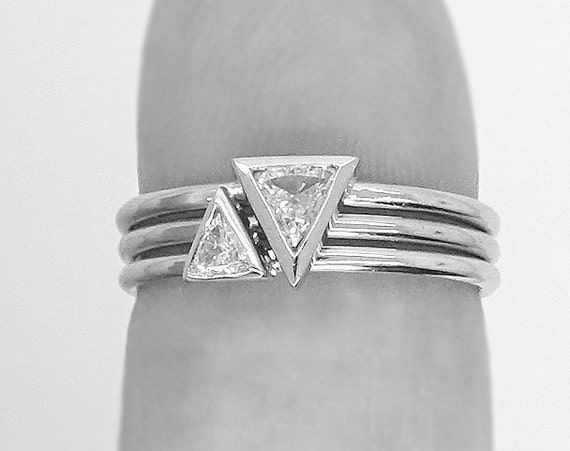 Minimalist Triangle 3 Ring Set Dainty Ring Set Wedding Ring Set Bezel Set Ring Stacking Ring Rose Gold Ring