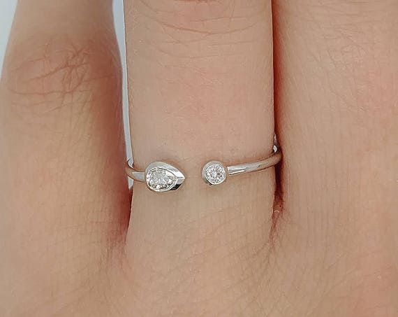 Open Diamond Cuff Ring Pear & Round Diamond Engagement Ring Two Diamond Wedding Rose Gold Band