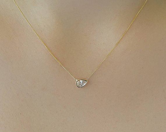 Pear Shape Diamond Necklace Simple Tear Drop Pendant Dainty Unique Simple Rose Gold Bridal Wedding Gift Promise