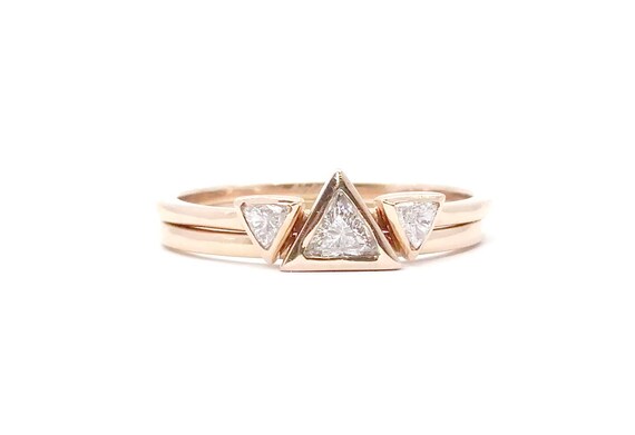 Triangle Diamond Engagement Ring Set Delicate Bridal Set Minimalist Ring Wedding Ring Dainty Unique Simple Stacking Rose White Yellow Gold