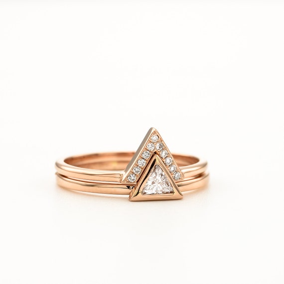 Trillion Engagement Ring Set ~ Triangle Engagement Ring ~ Delicate Trillion Diamond Ring ~ Thin Dainty Trillion bridal set