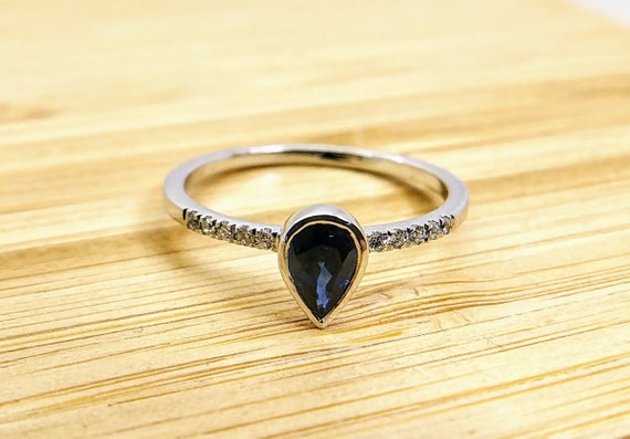 Certified Pear Shape Blue Sapphire Gemstone & Pave Diamond Engagement White Gold Ring