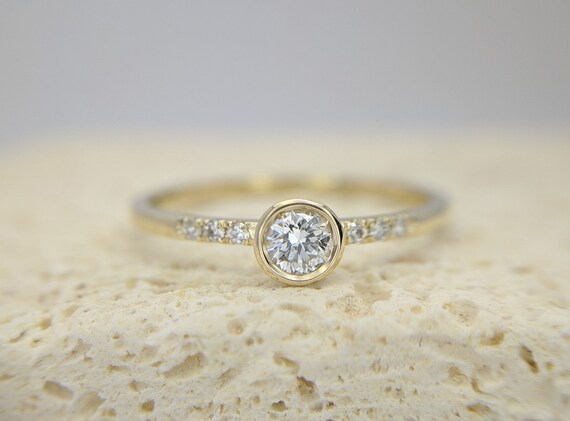 Dainty Pave Diamond Ring Round Brilliant Rose Gold Ring Thin Delicate Diamond Engagement Ring Minimalist Simple Bezel Set Ring