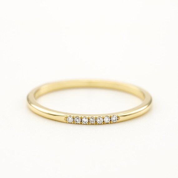 Thin Pave Diamond Wedding Band Ring Thin Dainty Delicate Simple Rose White yellow Gold Eternity Bridal Anniversary Stackable Multi Ring