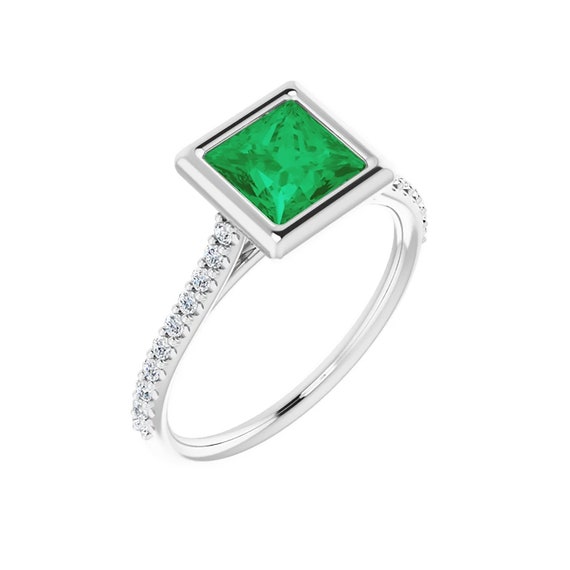Green Emerald Princess Cut Ring | Emerald & Diamond Ring | Square Emerald Pave Ring | Gift for women