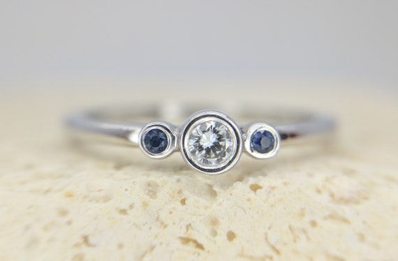 Dainty three stone ring ~ Minimalist 3 stone ring ~ Thin delicate sapphire gemstones diamond promise wedding bridal Ring