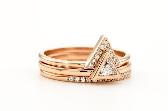 Triangle Diamond Engagement 3 Ring set Unique Trillion Diamond Ring Wedding 3 Ring Set Bridal ring Set Rose White Yellow Gold