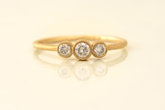 Three Stone Diamond Engagement Ring 3 Stone bezel set Gold Ring Anniversary Wedding Bridal Promise Gift Rose Yellow White Gold