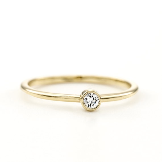 Thin Delicate Round Brilliant Diamond Solitaire Ring Dainty Micro Simple Minimalist Engagement Bridal Promise Rose Gold Ring