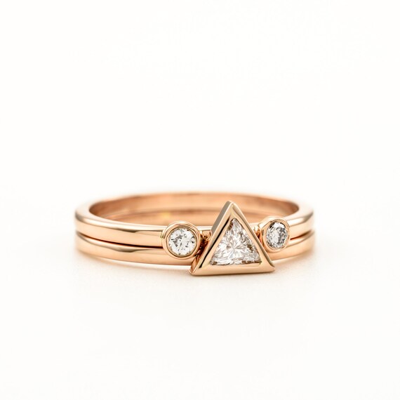 Bridal Ring Set Trillion ring Triangle engagement ring & Two Round Diamonds Wedding Ring Simple engagement ring set