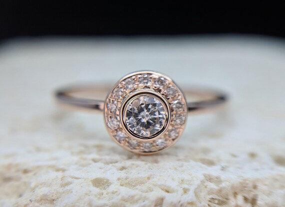 Halo Diamond Engagement Ring Round Brilliant Pave Bezel Ring Rose Gold Yellow Gold Gemstone Ring